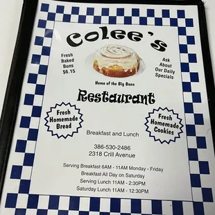 the menu for colee's
