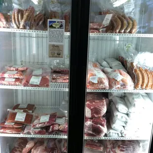 Locally raised beef and pork with no hormones or genetically altered feed.  Grass fed beef.  Large selection of cuts and sausage