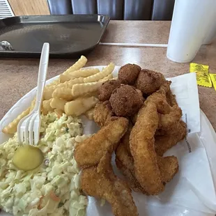 Fried catfish, slaw, and fries