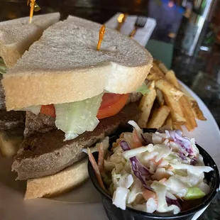 Cold meatloaf sandwich with fries and coleslaw!!