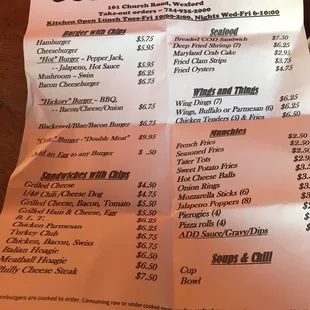 the menu for cole's tavern