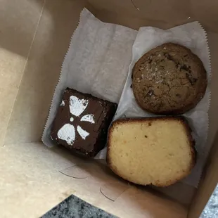 Brownie, lemon pound cake, chocolate chip cookie