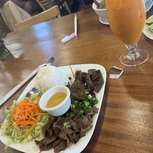 Thai iced tea and Grilled beef