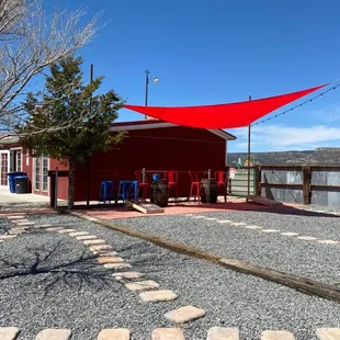 a red awning
