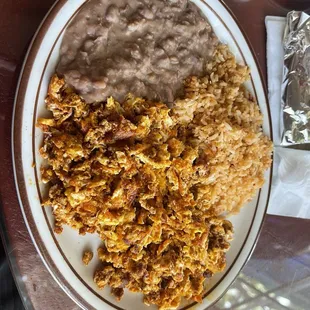 The chorizo and eggs breakfast with rice and beans!