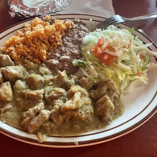 Another amazing dinner at Colima!  Love this place! Chili Verde with beans rice and salad!