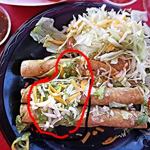 Circled in red is the amount of guacamole that was on my &quot;rolled tacos WITH guacamole.&quot;