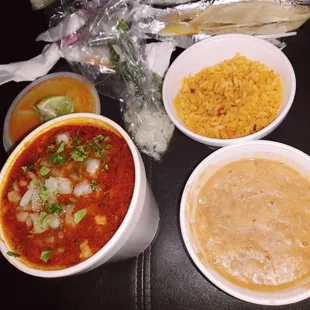 Rice, beans, flour tortillas and Birria (sooooooo delicious)