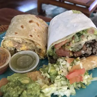 Carne Asada Burrito, Machaca Burrito and rolled taco.