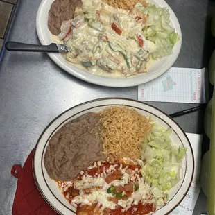 Top: Grilled chicken with Salsa a la Casa ( House special Salsa made with tomatoes, onions, bell peppers and mushrooms) Bottom: enchiladas