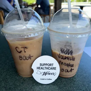 Cinnamon toast latte with oat milk (called the Andy) and a iced vanilla mocha with oat milk (called the Jay)