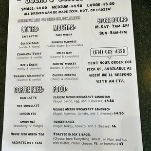 a menu for a coffee shop