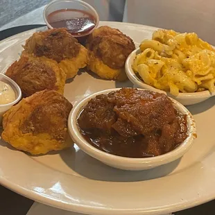 Fried stuffed string, Mac and cheese and candied yams