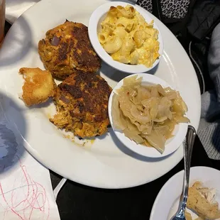 Salmon cakes, cabbage, and macaroni and cheese.  Soooooo good!