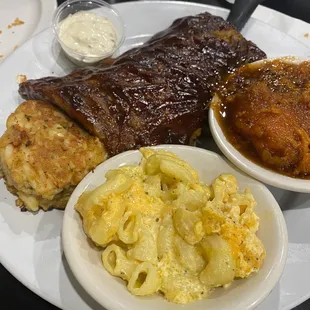 BBQ ribs, crab cake, candied yams and mac &amp; cheese