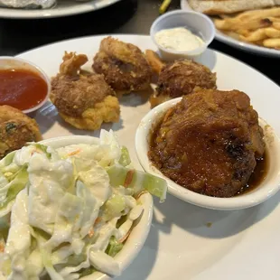 Stuffed shrimp, candied yams, Cole slaw