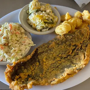 fried fish, coleslaw and potato salad