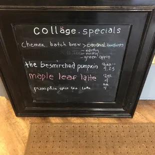 the menu for the coffeehouse