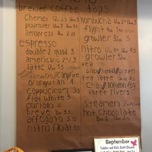menu and price list for coffeehouse