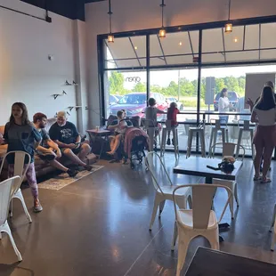 a group of people sitting in a coffee shop