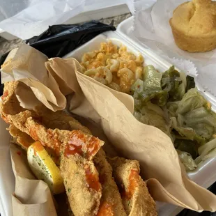 Fried Whiting Mac and Cheese Cabbage