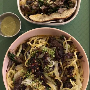 Spicy fried beef sandwich, cumin lamb noodles