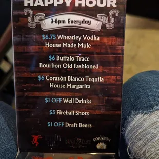 Happy Hour drink menu.