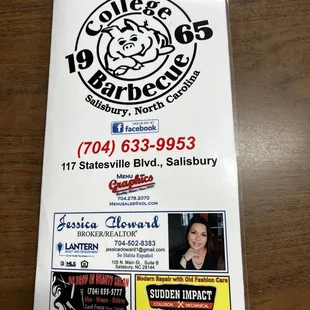 Front of menu