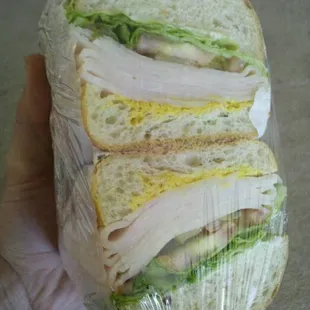 a person holding a sandwich wrapped in plastic