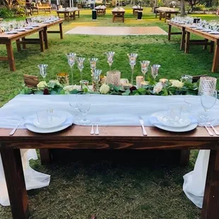 Full set up: tables, dinnerware, linen and chairs. Serving and bussing and clean for a wedding in Clovis, CA.