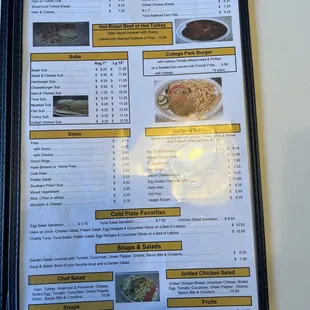 the menu for the college park diner