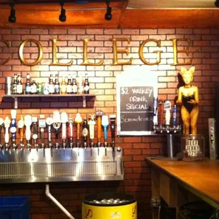 a brick wall with beer taps on it