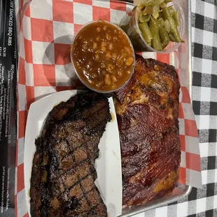 2 meat combo - ribs and brisket with green beans and beans