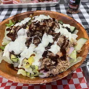 Boss Man salad with pulled pork and blue cheese dressing.