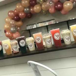 a row of juices