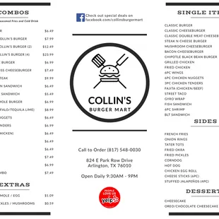 Collin's Burger Mart Menu