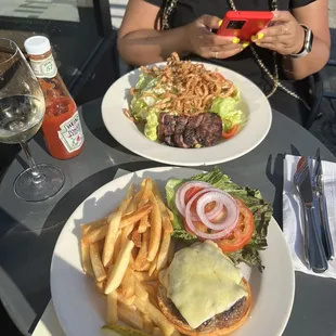 The burger and the Steak Salad