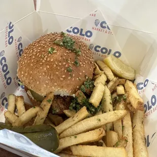 Blackened fish sandwich and fries