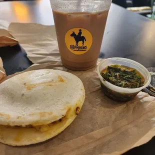 Egg Arepa and an iced dirty chia tea latte