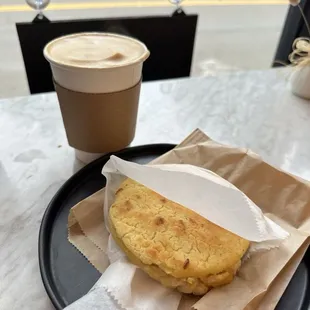 Arepa with plantains and cheese and a dirty chai spice latte.