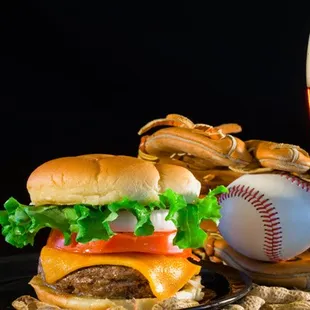a hamburger and a baseball
