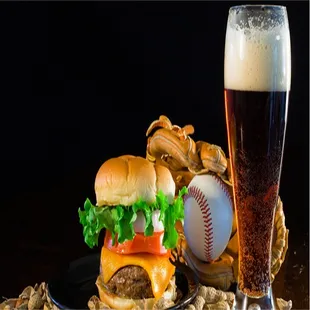 a hamburger and a baseball