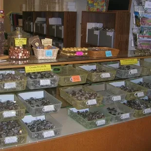 a display of chocolates and pastries