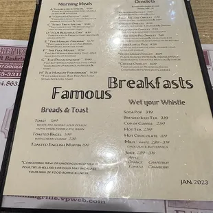 the menu for famous breakfasts