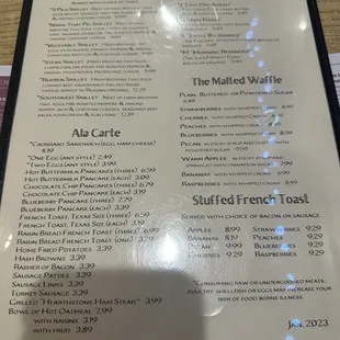 the menu of the restaurant