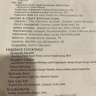 Cocktail menu
