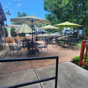 patio area with tables and umbrellas