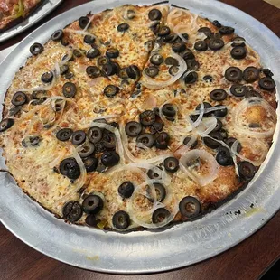 Pizza with black olives and light on the onions