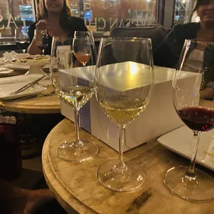 a group of people sitting at a table with wine glasses