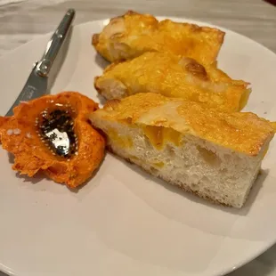 Cheese focaccia with tomato spread